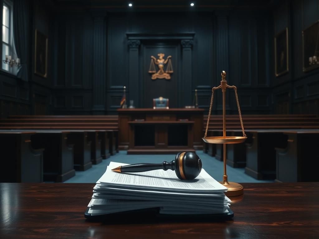 Flick International Somber courtroom scene featuring an empty judge's bench and vacant jury seats