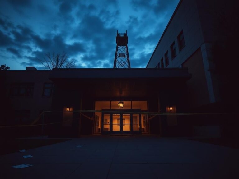 Flick International A somber university campus scene at dusk with caution tape marking a tragic event