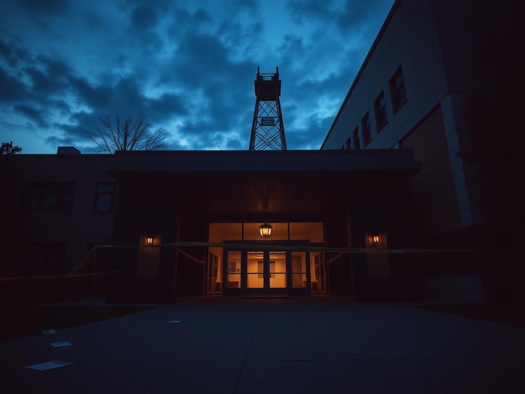 Flick International A somber university campus scene at dusk with caution tape marking a tragic event