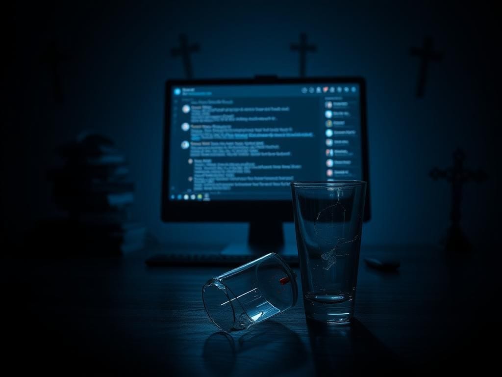 Flick International Dimly lit room with a glowing computer screen displaying a Discord chat interface related to FBI investigation