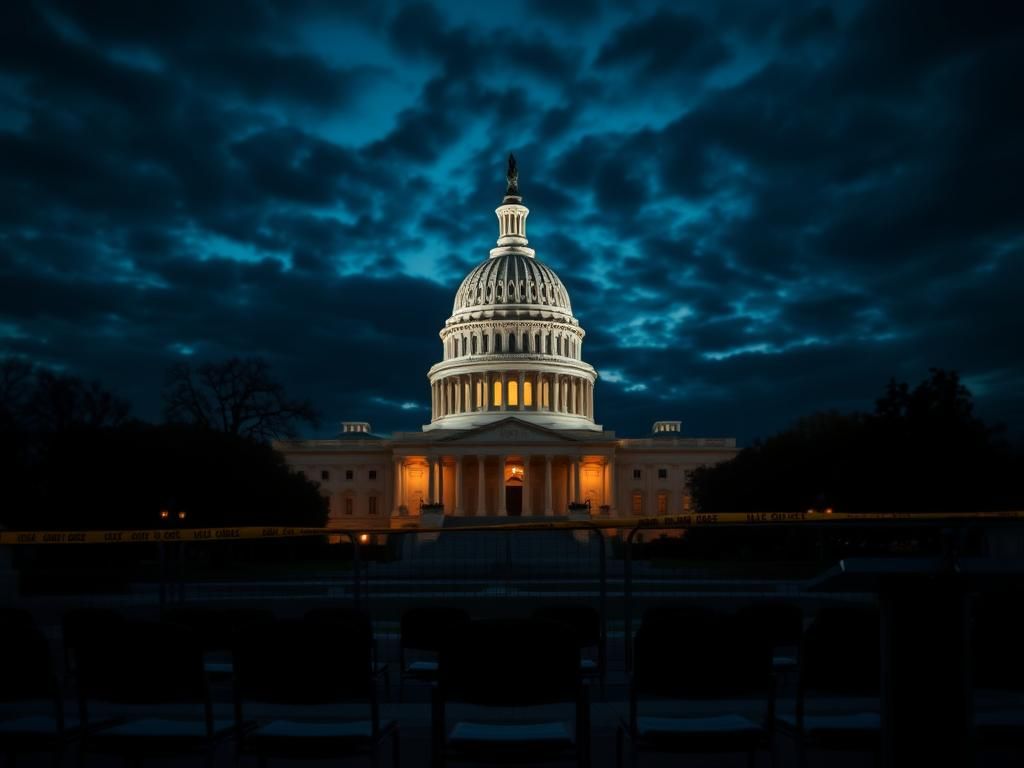 Flick International A dramatic view of the U.S. Capitol building at dusk, surrounded by police barriers and caution tape