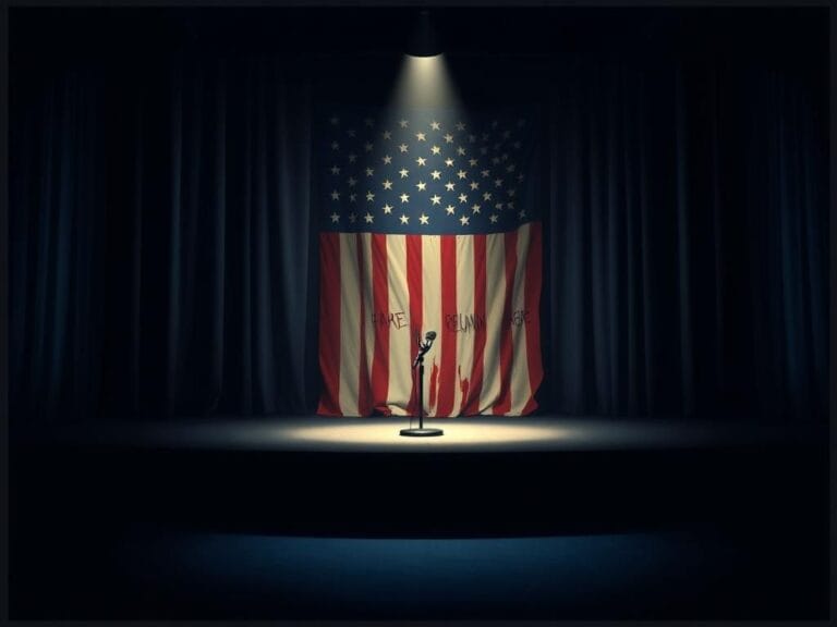 Flick International A dramatic stage with a spotlight and a microphone, symbolizing the Emmy Awards controversy