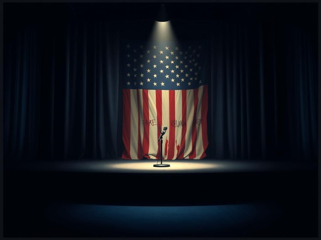 Flick International A dramatic stage with a spotlight and a microphone, symbolizing the Emmy Awards controversy