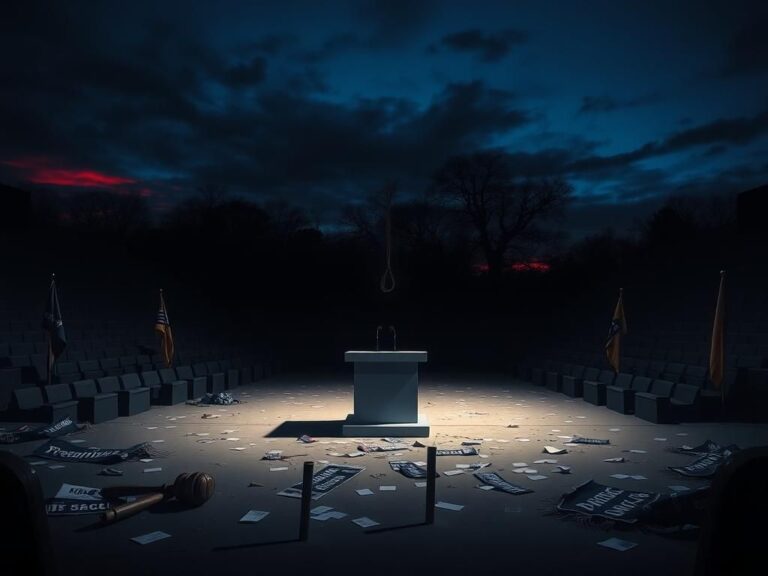 Flick International Empty amphitheater at dusk with a podium and symbolic elements of free speech.