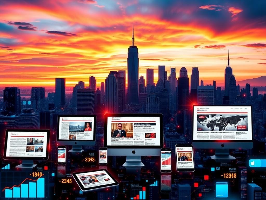 Flick International Dynamic city skyline at sunset representing the competitive news media landscape