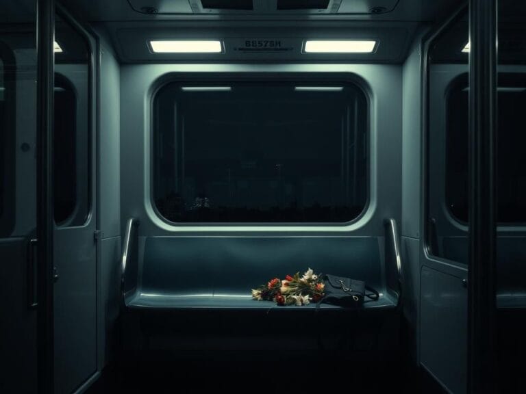 Flick International Dimly lit interior of a light rail train featuring a vacant seat and fallen handbag