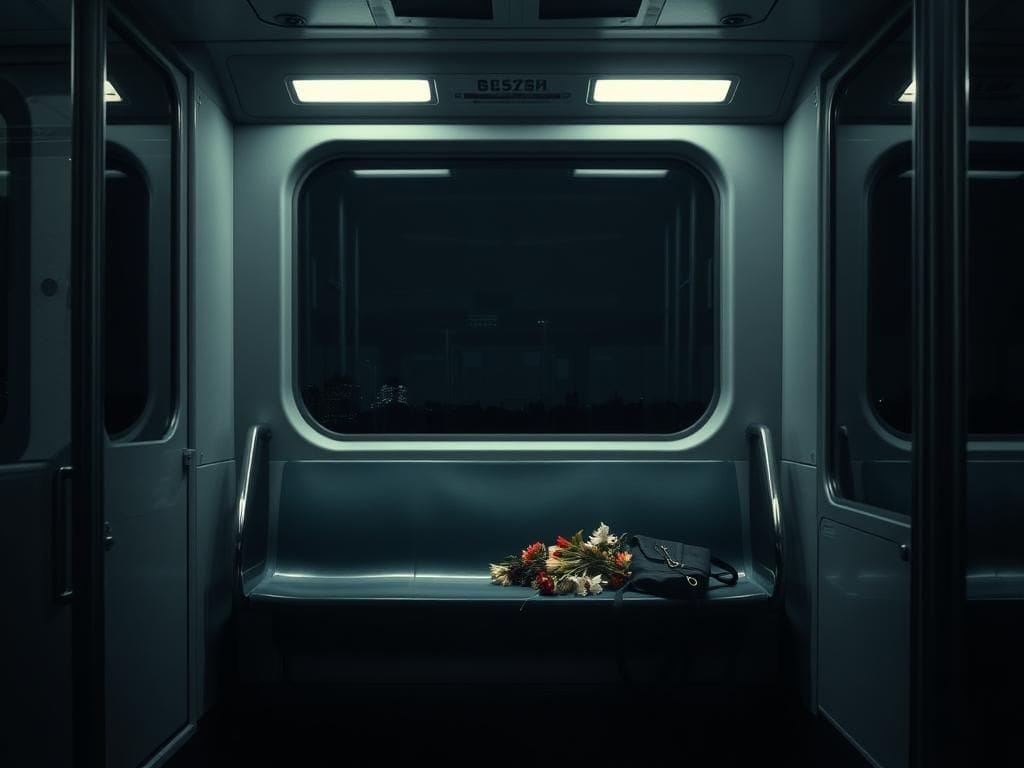 Flick International Dimly lit interior of a light rail train featuring a vacant seat and fallen handbag