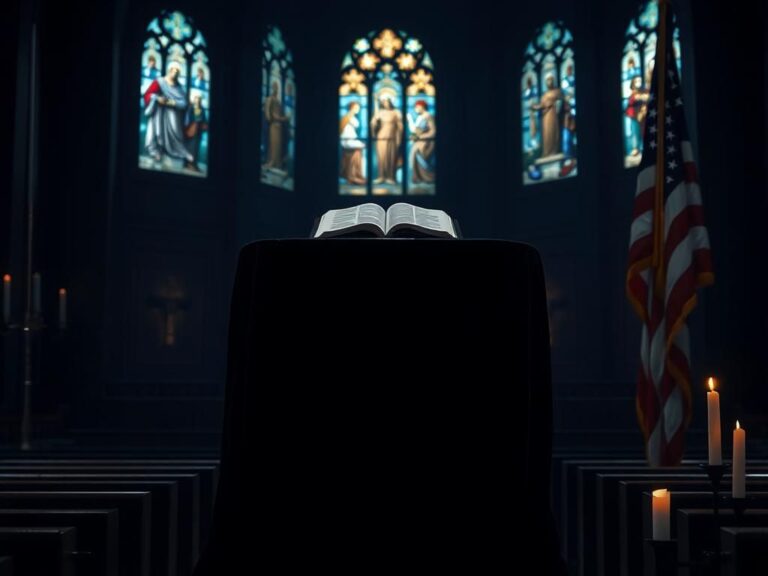 Flick International Empty church pulpit draped in dark fabric with half-staff American flag and stained glass windows