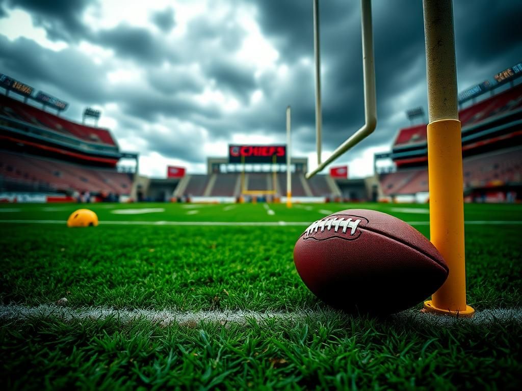 Flick International A dramatic view of the football field at GEHA Field at Arrowhead Stadium with the goal line in focus and a football on the ground