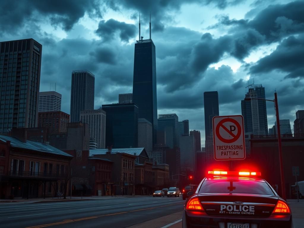 Flick International Dramatic urban landscape of Chicago at dusk with a police car and stormy skies