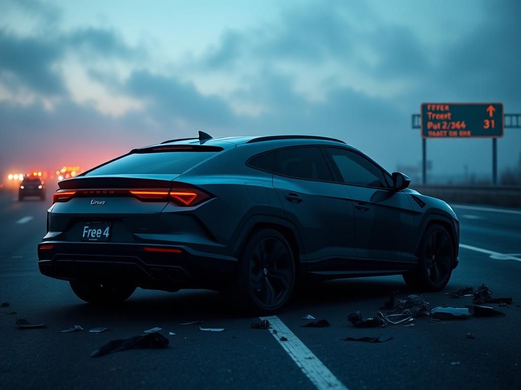 Flick International A modern Lamborghini Urus on a deserted highway, highlighting the aftermath of a crash.