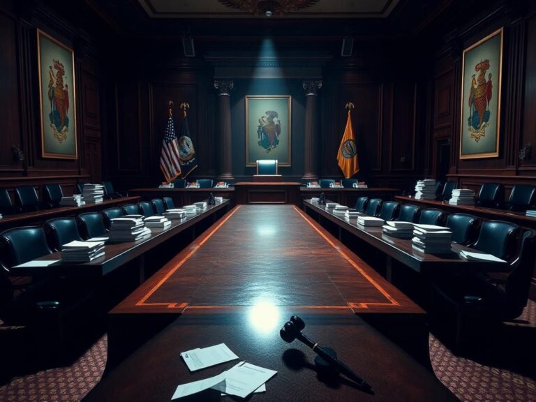 Flick International Dramatic scene of a Senate hearing room with an empty podium and scattered documents