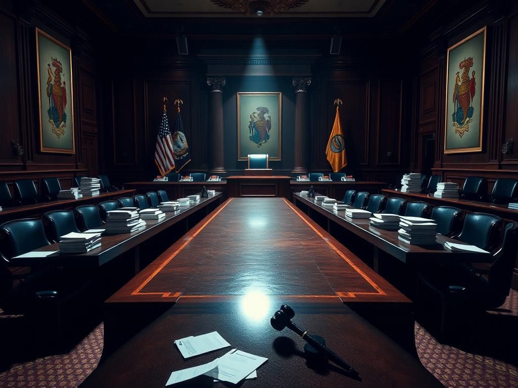 Flick International Dramatic scene of a Senate hearing room with an empty podium and scattered documents