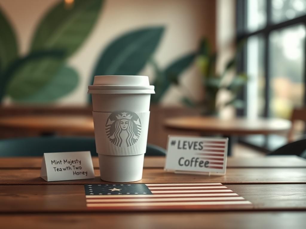 Flick International Artistic representation of a Starbucks coffee cup with a blank sleeve on a wooden table