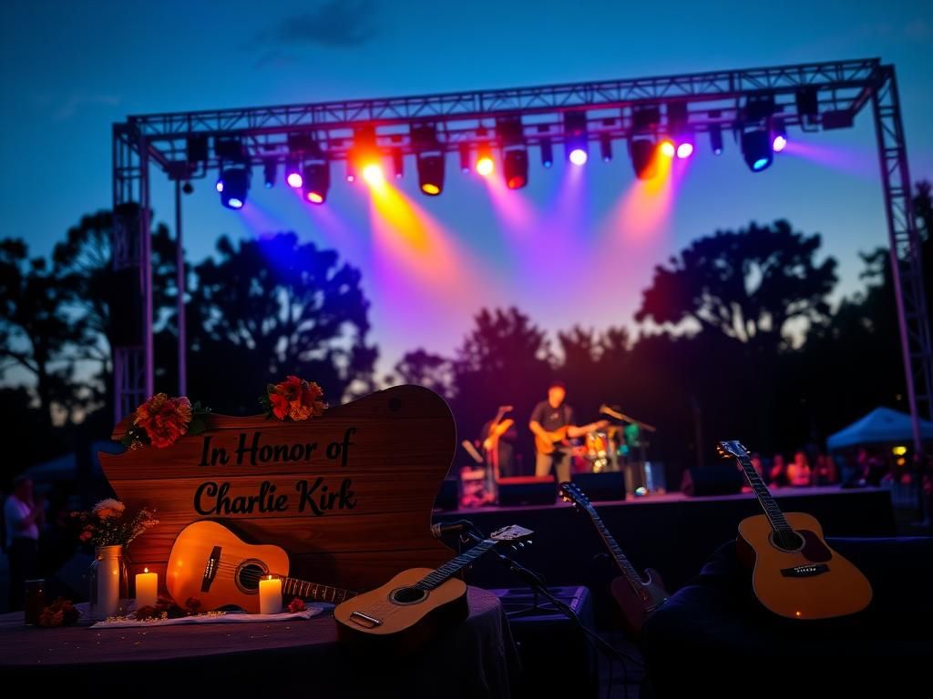 Flick International Outdoor concert scene at dusk with tribute to Charlie Kirk