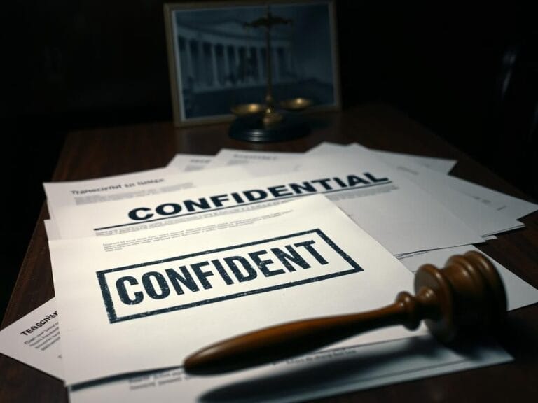 Flick International A dimly-lit room with legal documents and a stamped transcript marked 'CONFIDENTIAL.'