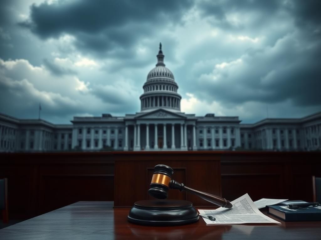 Flick International A dramatic courtroom scene highlighting tension during a Senate hearing on high-profile cases.