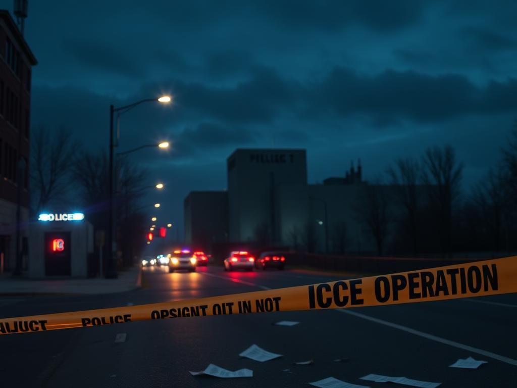 Flick International Nighttime scene of a deserted Chicago street with police barricades and flashing lights during an immigration crackdown.