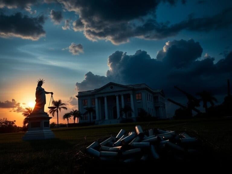 Flick International Dusk landscape featuring a village council building in Palmetto Bay, Florida, symbolizing political strife and gun violence
