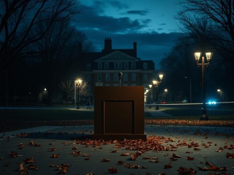 Flick International Somber university campus at dusk with an empty podium, representing the aftermath of Charlie Kirk's speech.