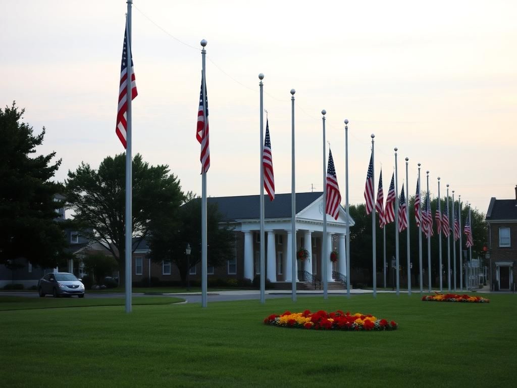 Flick International A New Jersey town square with American flags at half-staff honoring Charlie Kirk