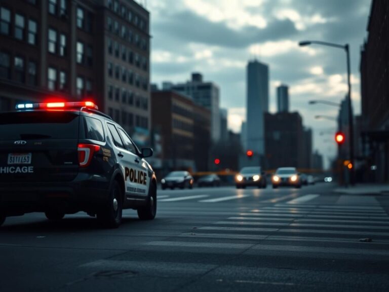 Flick International Police vehicle at a Chicago street intersection during dusk with flashing lights