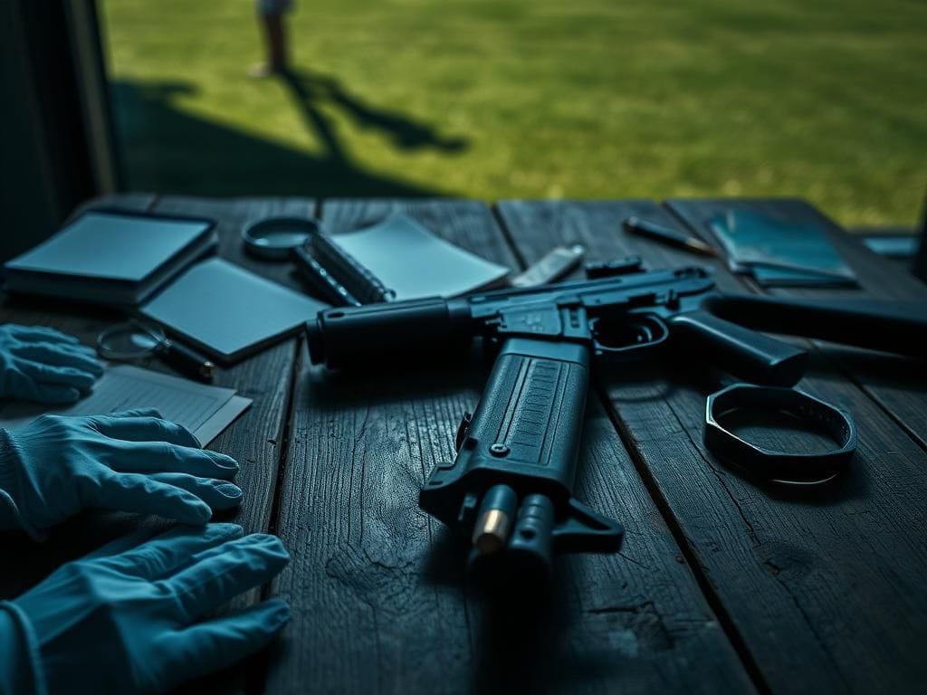 Flick International Close-up of a weathered wooden table with forensic investigation tools like gloves and a magnifying glass, alongside a partially restored Norinco SKS rifle.