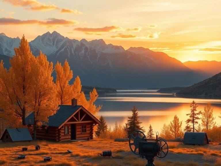 Flick International A serene mountain landscape at sunset with a rustic cabin and film reels