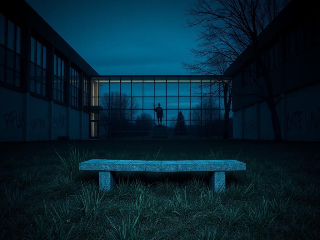 Flick International Somber college campus at twilight with empty lecture hall and stone bench