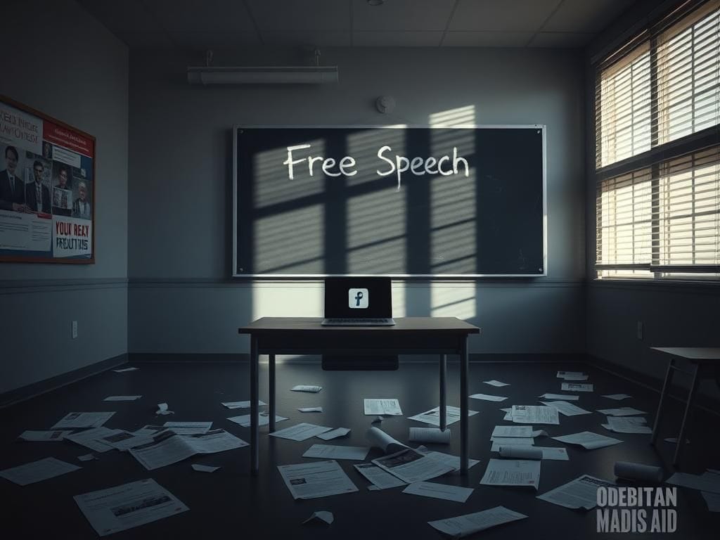 Flick International Dimly-lit school classroom symbolizing the backlash against educators for social media comments