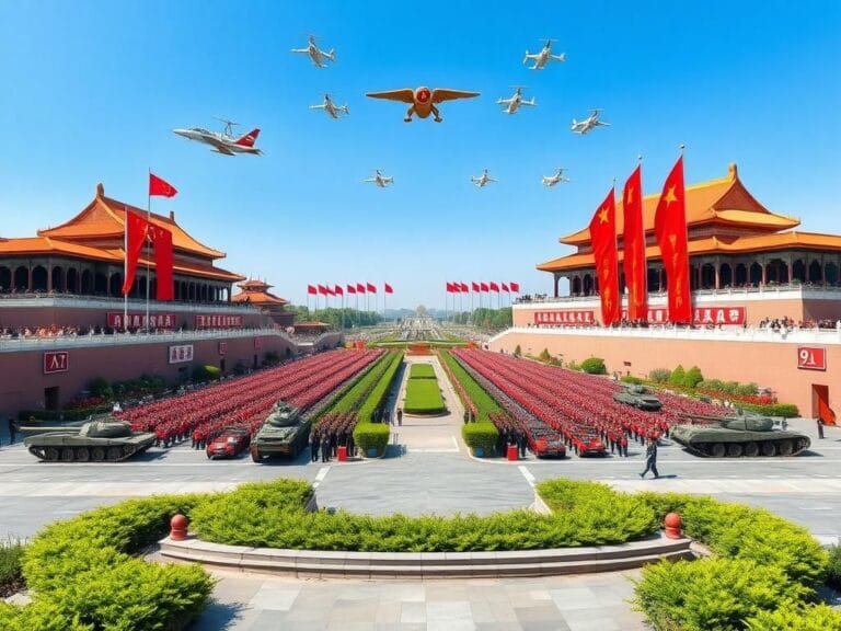 Flick International Panoramic view of Tiananmen Square during a military parade featuring tanks and soldiers.
