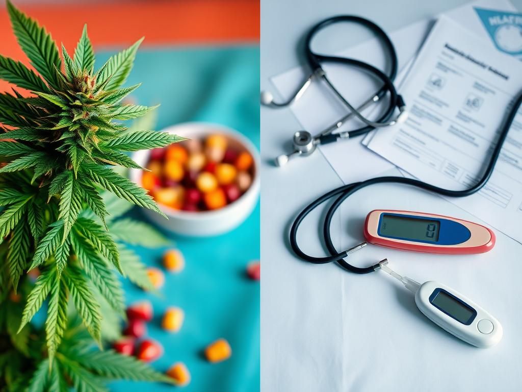 Flick International Split canvas with a vibrant cannabis plant and clinical diabetes setting