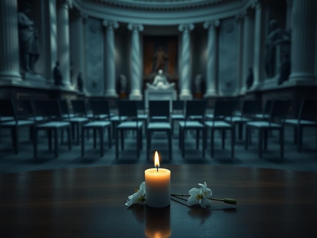 Flick International Somber scene in the U.S. Capitol's Statuary Hall with an unlit candle and flowers representing Charlie Kirk's vigil