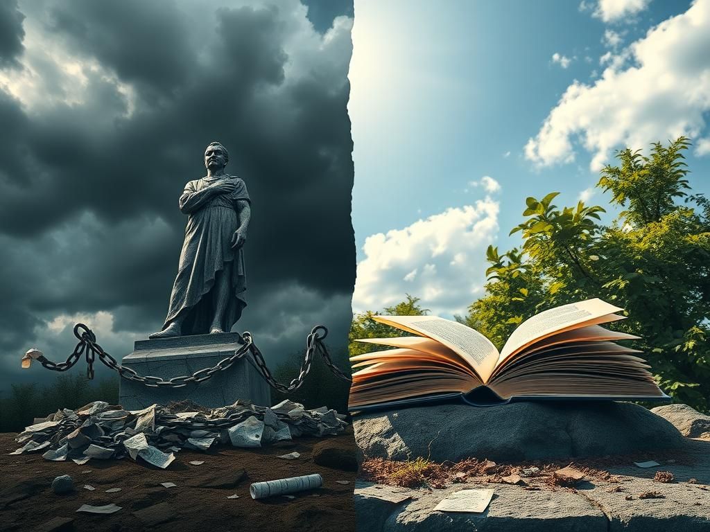 Flick International Split scene depicting the tension between free speech and hate speech with contrasting environments.