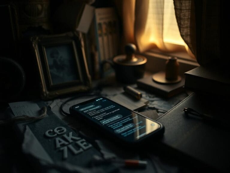 Flick International Smartphone displaying intimate messages in a cluttered room