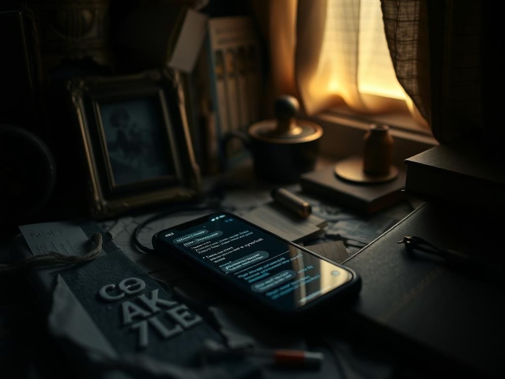 Flick International Smartphone displaying intimate messages in a cluttered room