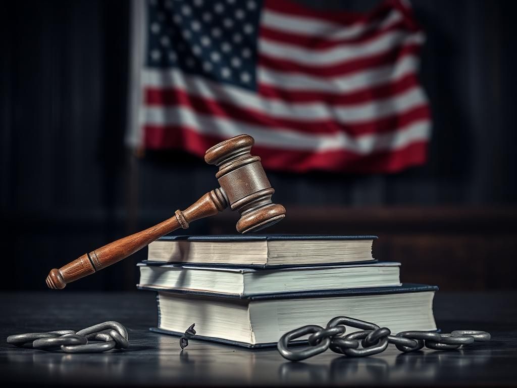 Flick International Weathered gavel resting on law books in a dimly lit courtroom