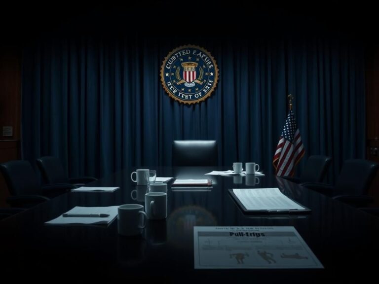 Flick International Senate hearing room with polished wooden table and FBI emblem