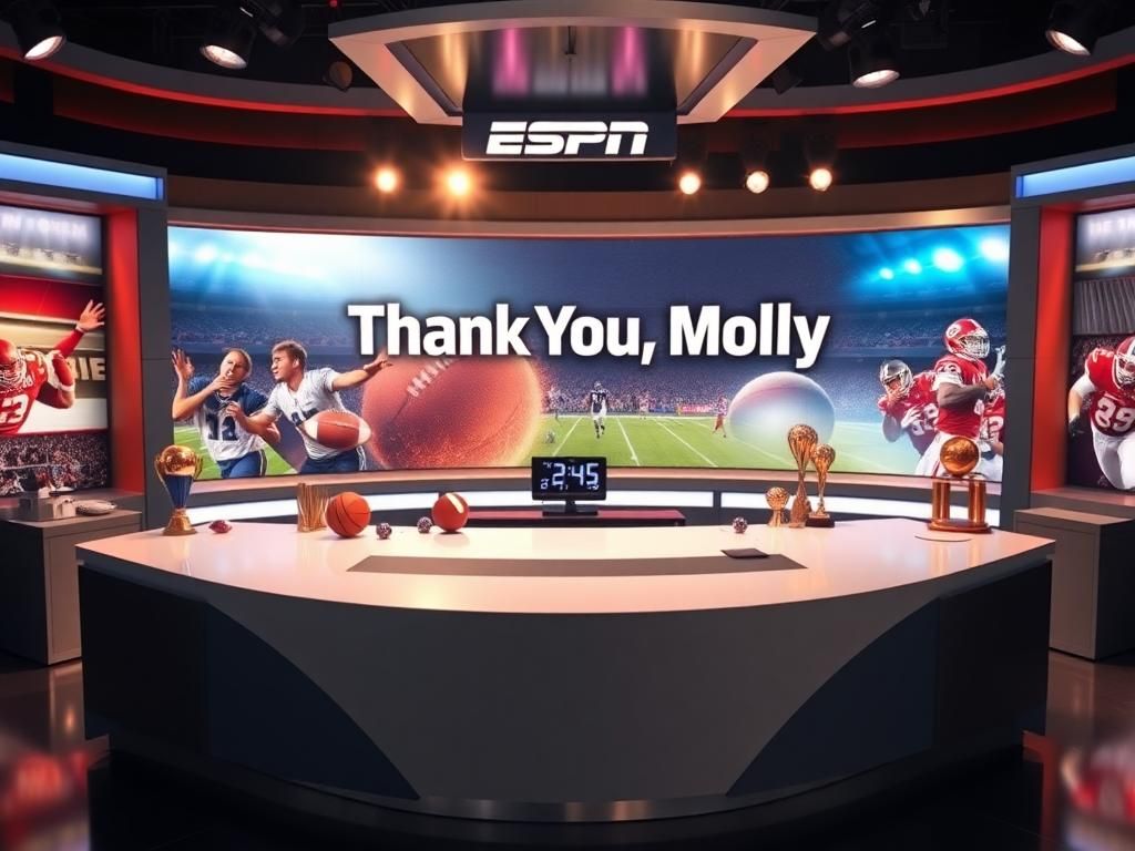 Flick International Modern television studio set with sports memorabilia and a backdrop displaying iconic sports moments