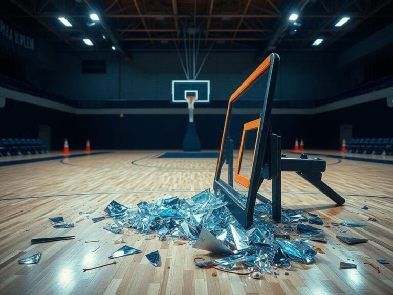 Flick International Fractured backboard in a basketball arena after an accident