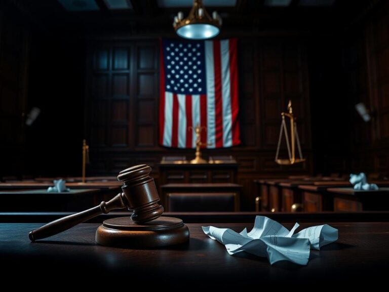 Flick International An empty courtroom with a gavel on a wooden bench, symbolizing justice and accountability