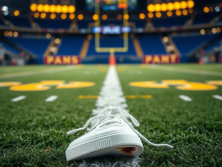 Flick International Close-up shot of a football field showcasing yard markers and end zones in Rams colors with a discarded sneaker symbolizing injury