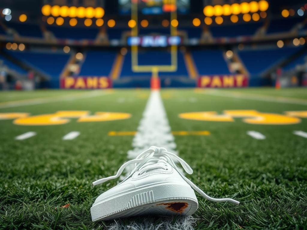 Flick International Close-up shot of a football field showcasing yard markers and end zones in Rams colors with a discarded sneaker symbolizing injury