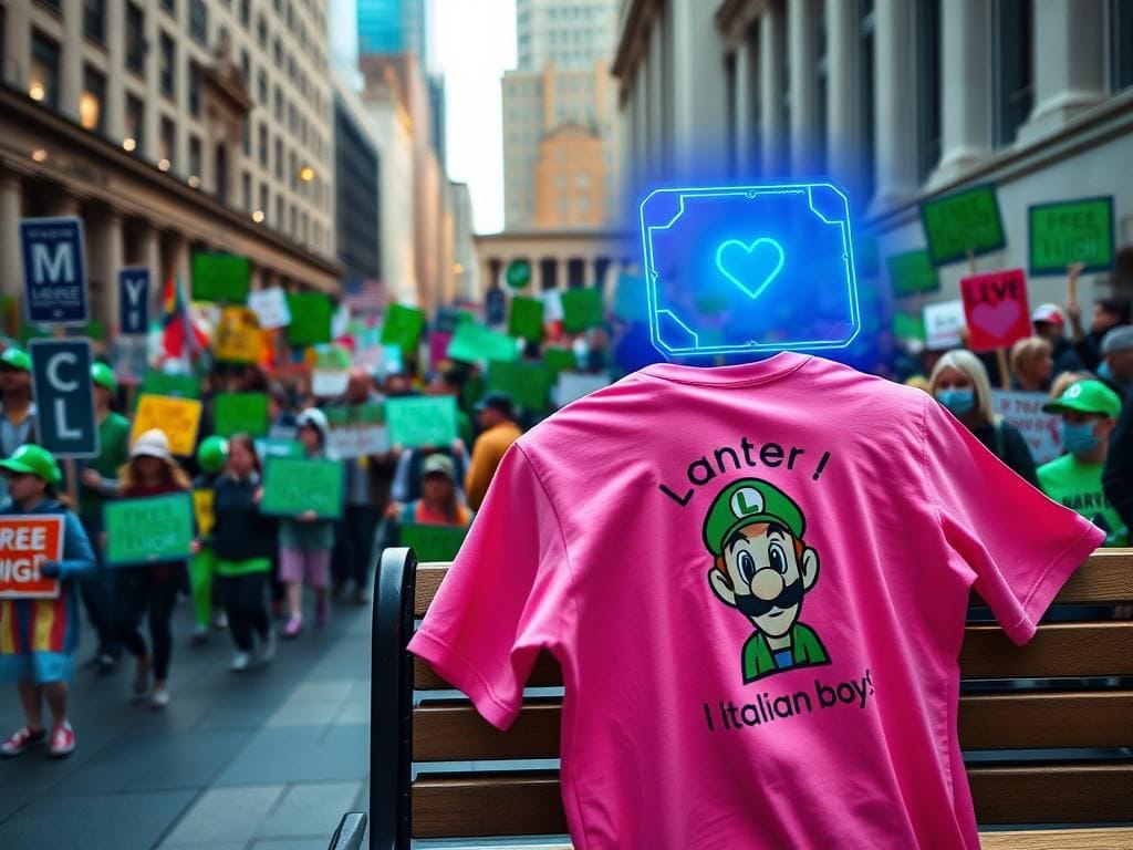 Flick International Colorful courthouse rally supports Luigi Mangione with vibrant signs and holographic elements