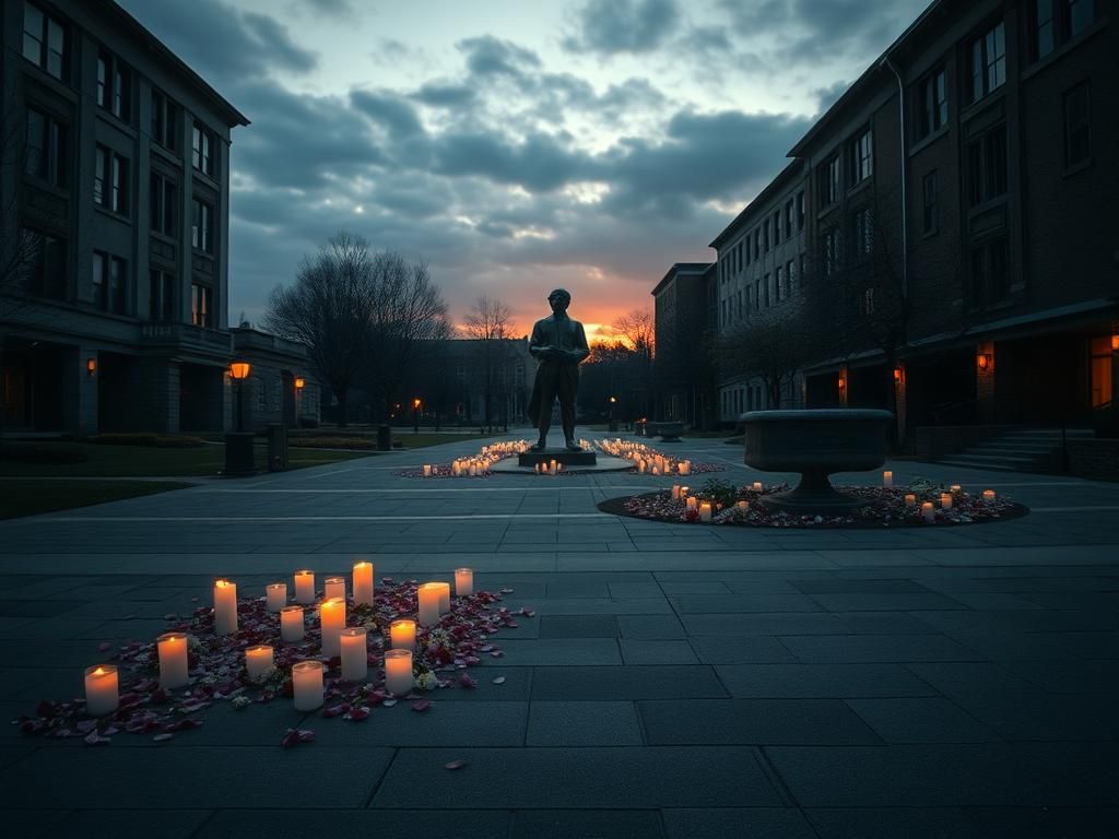 Flick International Empty vigil area at sunset with candles and flowers for remembrance