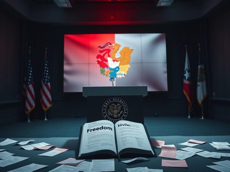 Flick International Empty government press conference room with Illinois state seal podium and a digital screen displaying a divided flag representing American political conflict
