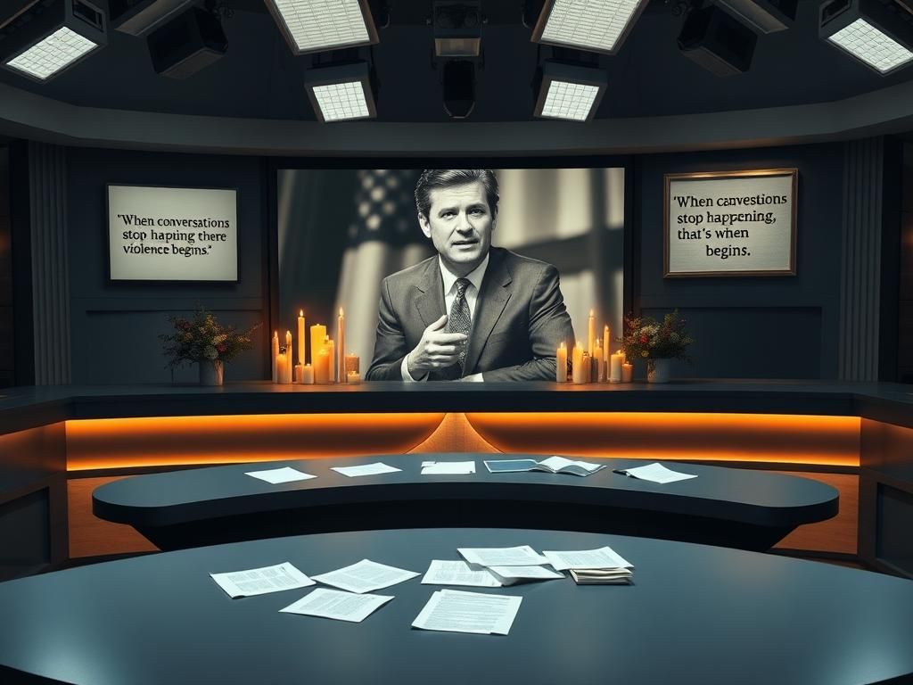 Flick International A dimly lit newsroom with a large, empty news desk and a memorial display for Charlie Kirk