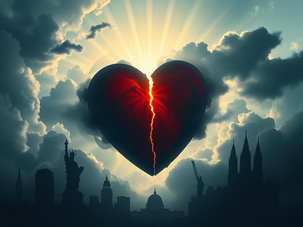 Flick International Abstract representation of a fragmented heart surrounded by dark clouds symbolizing emotional turmoil