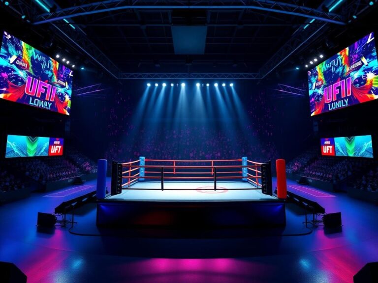 Flick International A dynamic mixed martial arts arena with vibrant digital billboards and a spotlight on the fighting ring.