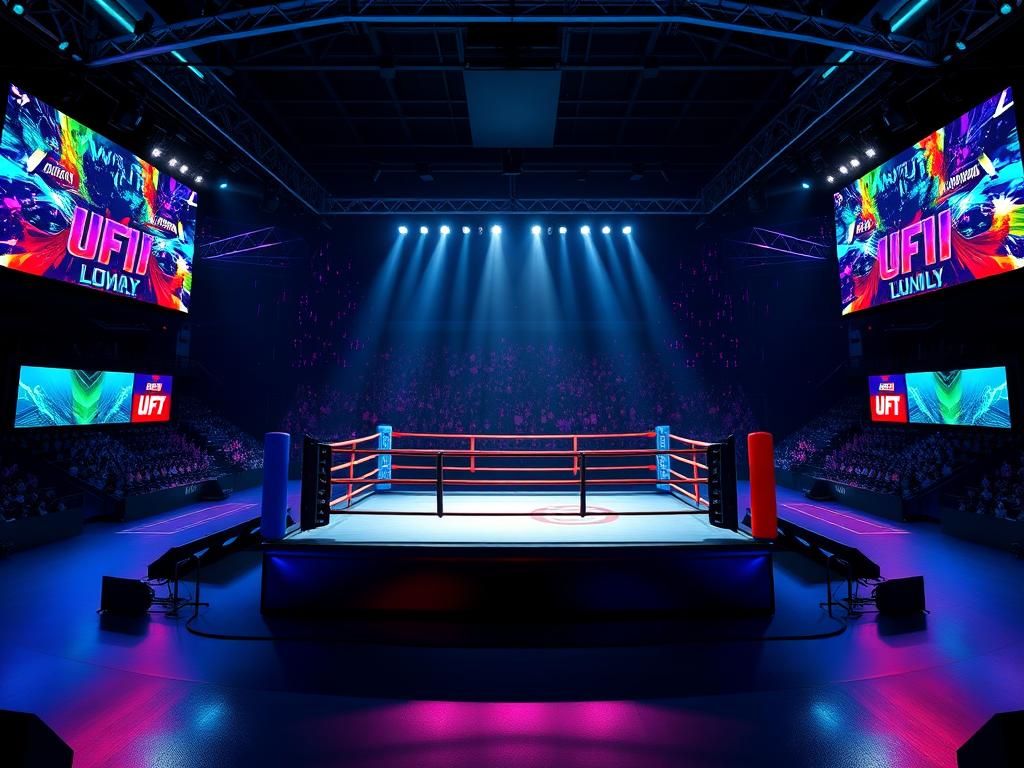 Flick International A dynamic mixed martial arts arena with vibrant digital billboards and a spotlight on the fighting ring.